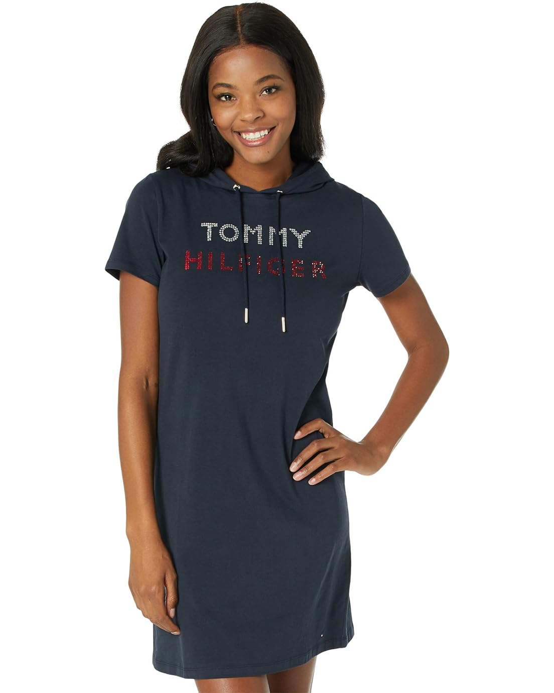Tommy Hilfiger Short Sleeve Rhinestone Logo Hoodie Dress