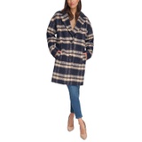 Womens Single-Breasted Plaid Notch-Neck Coat