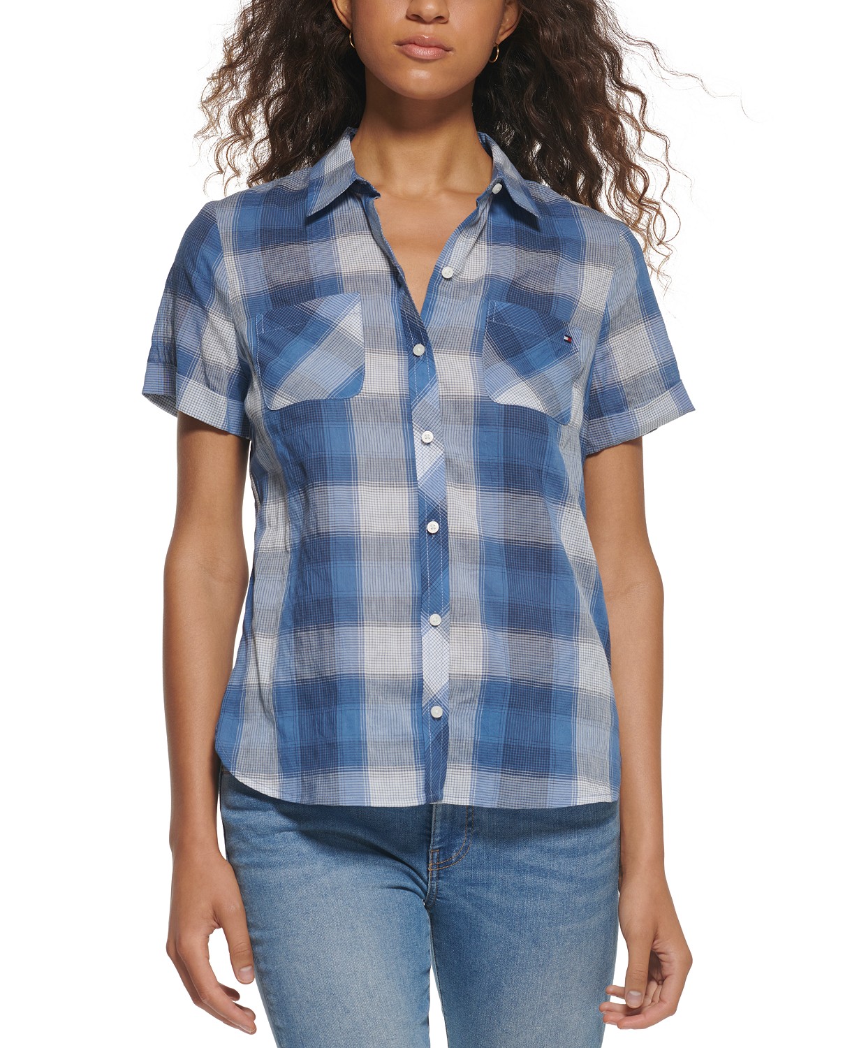Womens Button-Front Plaid Camp Shirt