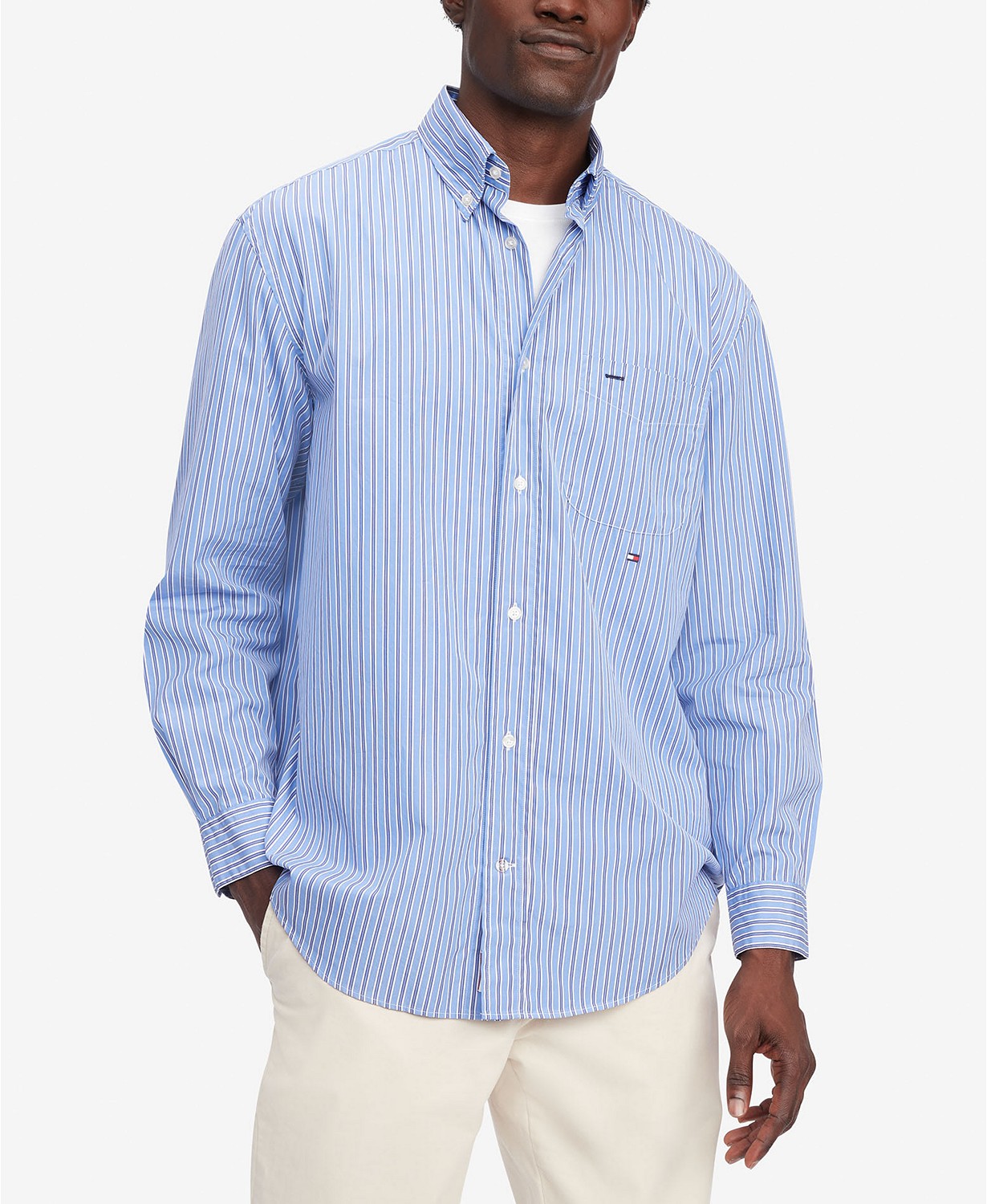 Mens Classic Fit Long-Sleeve Button-Down Striped Poplin Shirt