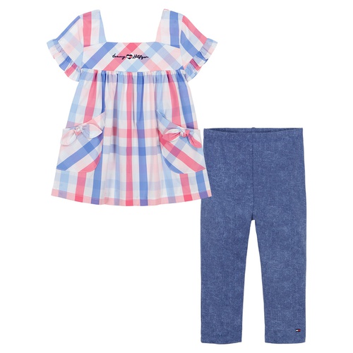 타미힐피거 Toddler Girls Short Sleeve Plaid A-Line Tunic Top and Capri Jeggings 2 Piece Set