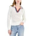 Womens Cotton Collared V-Neck Mesh Sweater