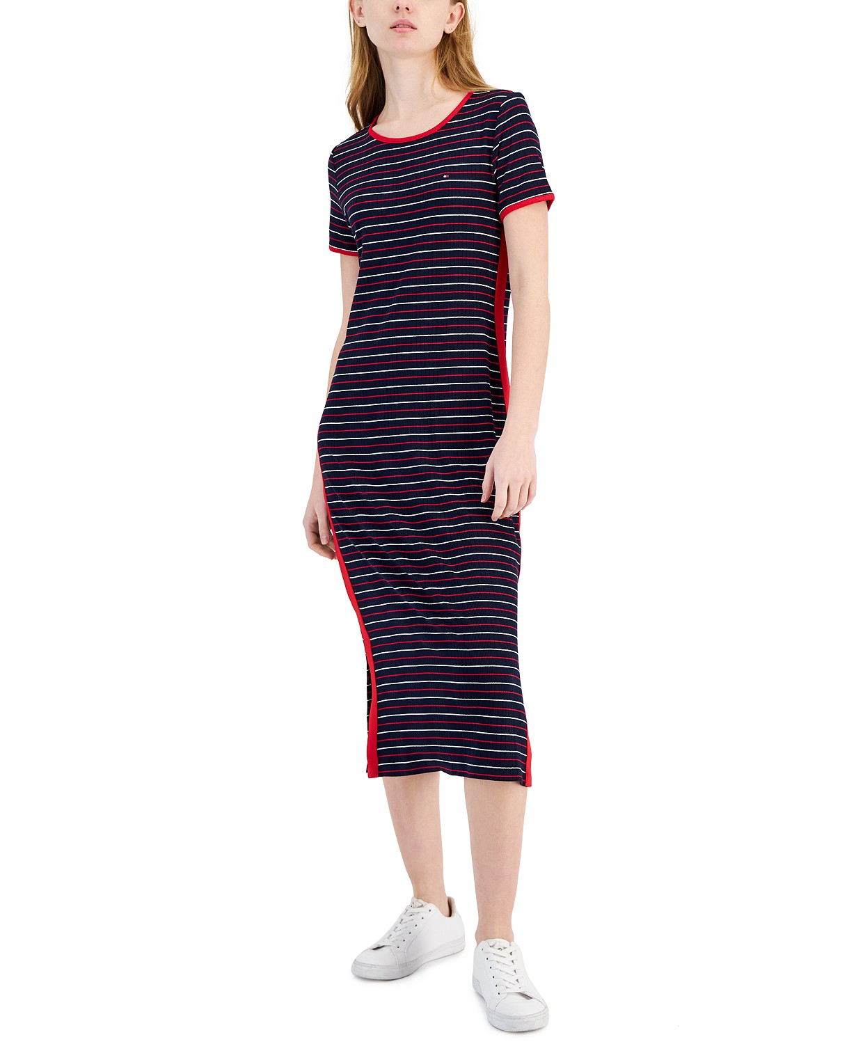 Womens Striped Ribbed Midi Dress