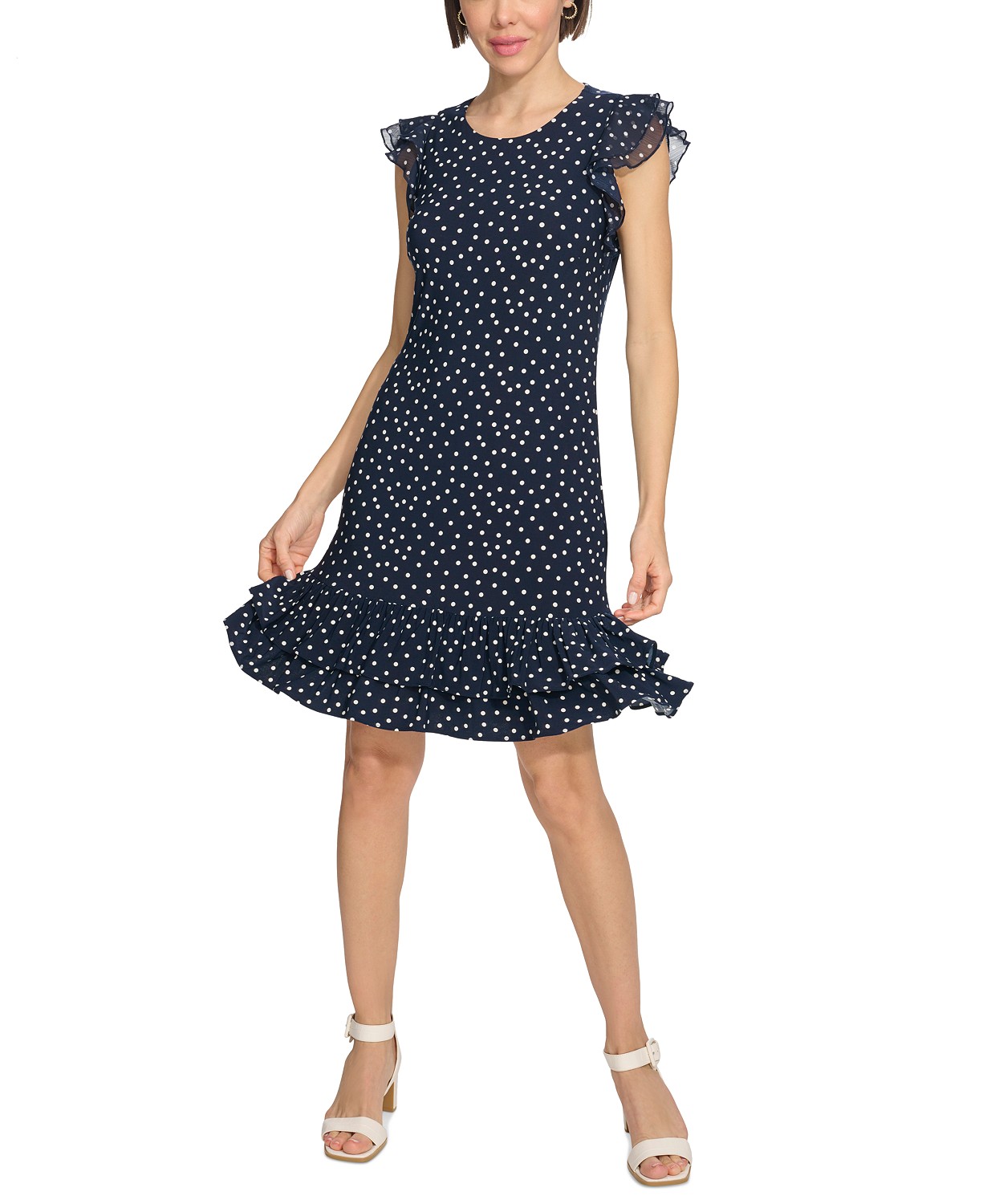 Womens Dot-Print Flutter-Sleeve Dress