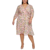 Plus Size Floral Chiffon 3/4-Sleeve Midi Dress