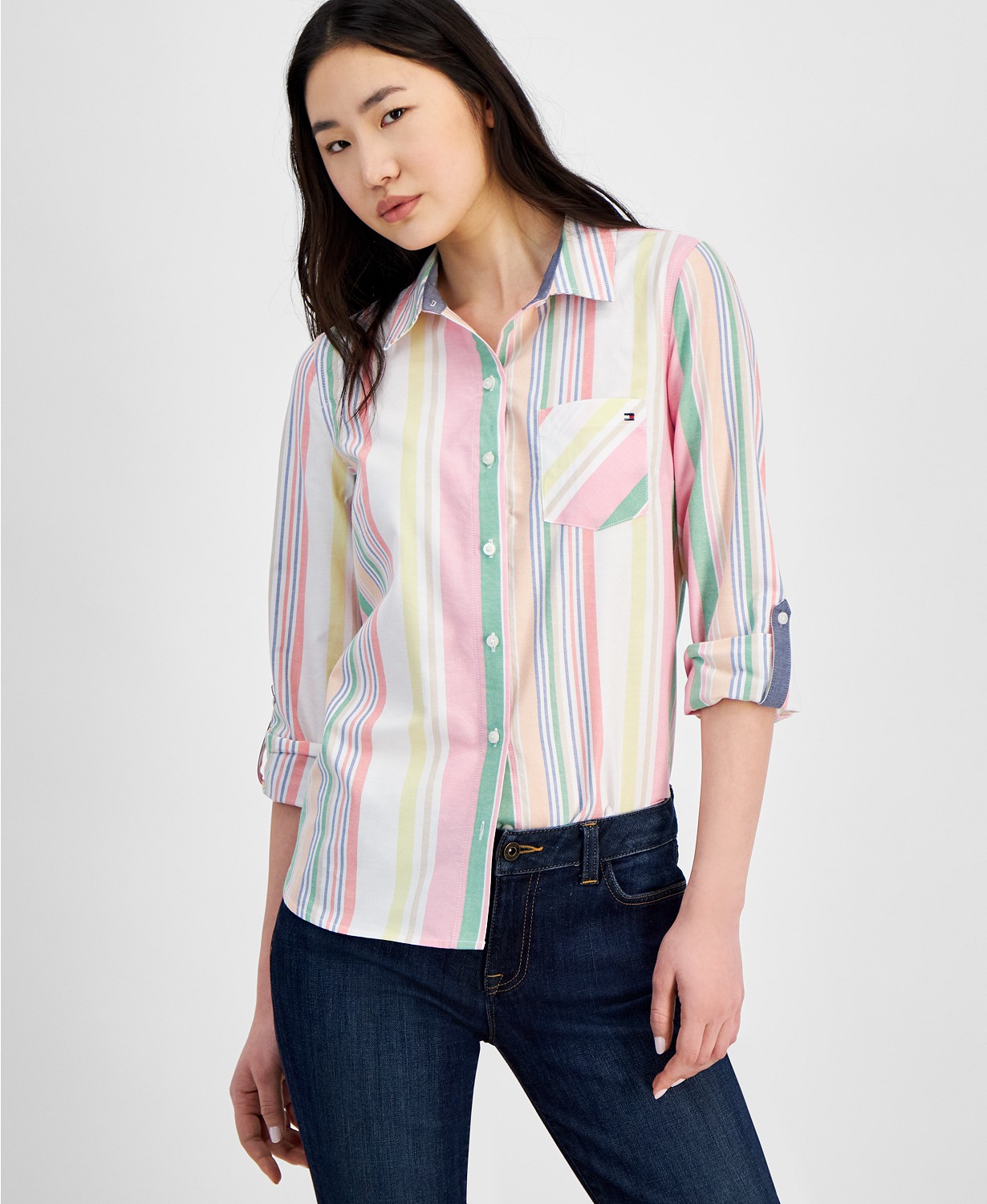 Womens Cotton Striped Roll-Tab Shirt