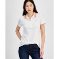 Womens Stripe-Collar Shirt-Sleeve Polo Shirt