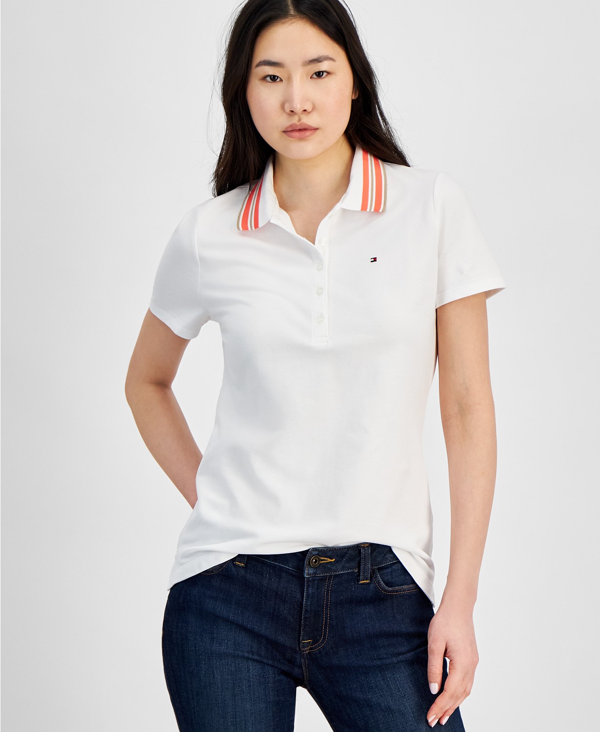 Womens Stripe-Collar Shirt-Sleeve Polo Shirt