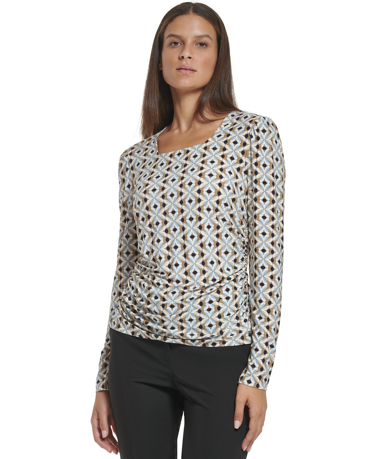 Womens Geometric-Print Ruched Square-Neck Top