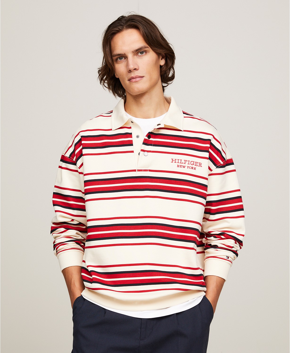 Mens Monotype Logo Striped Long Sleeve Rugby Shirt