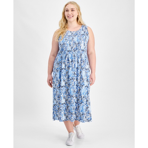 타미힐피거 Plus Size Smocked-Bodice Floral-Print Dress