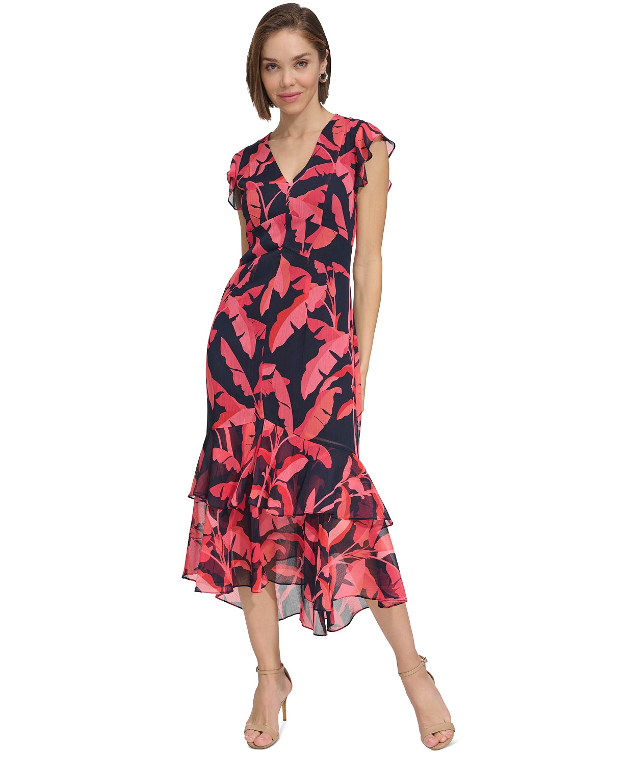 Womens Printed Flutter-Sleeve Ruffled High-Low Midi Dress