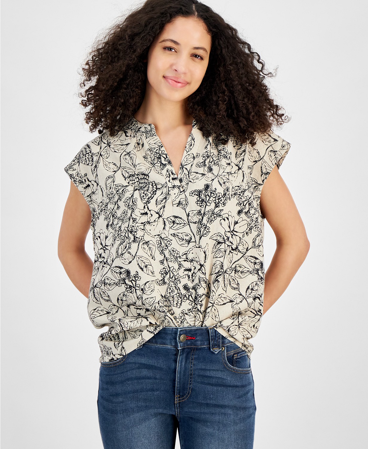 Womens Butterfly Band-Collar Blouse