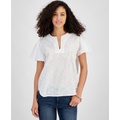 Womens Embroidered Cotton Flutter-Sleeve Top
