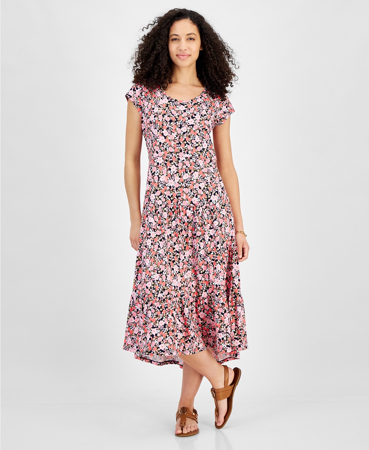 Womens Floral Print Short-Sleeve Tiered Midi Dress