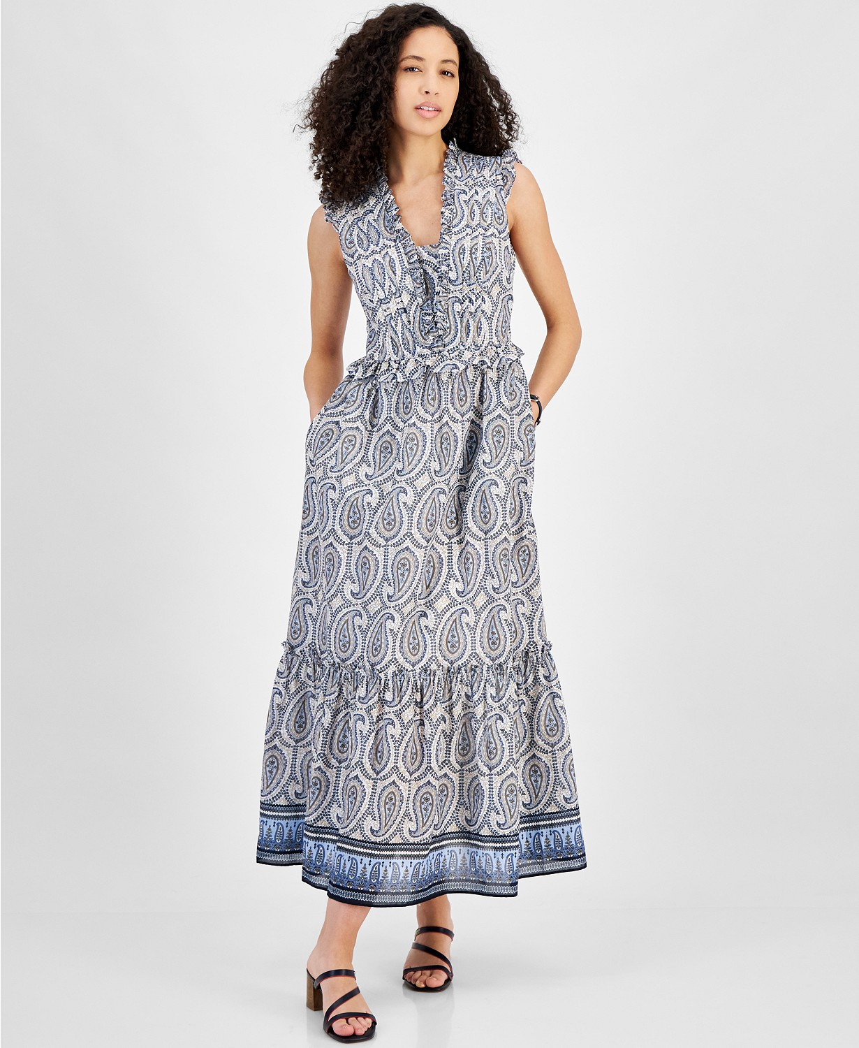 Womens Printed Cotton Sleeveless Midi Dress