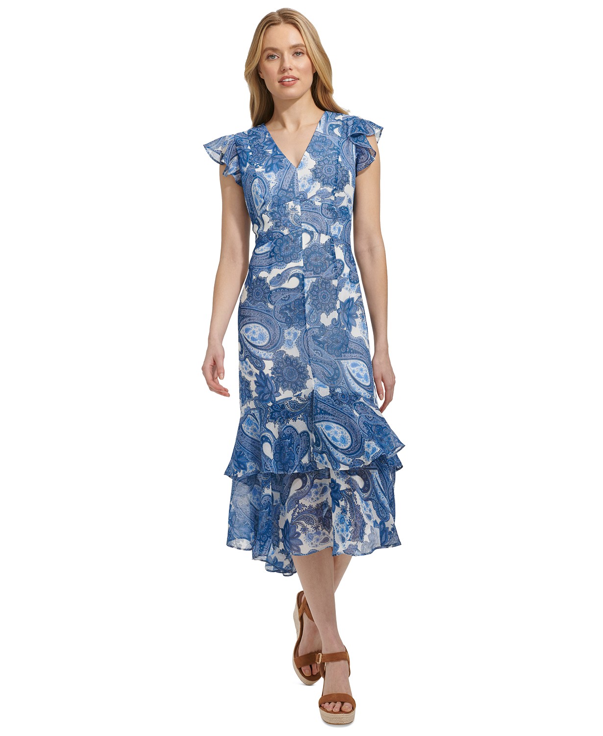 Womens Paisley-Print Ruffled Midi Dress