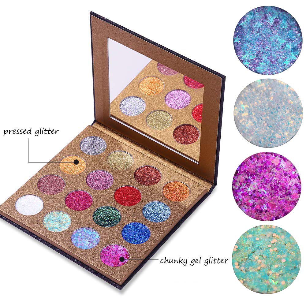  UCANBE Pro Glitter Eyeshadow Palette - Professional 16 Colors - Chunky & Fine Pressed Glitter Eye Shadow Powder Makeup Pallet Highly Pigmented Ultra Shimmer for Face Body