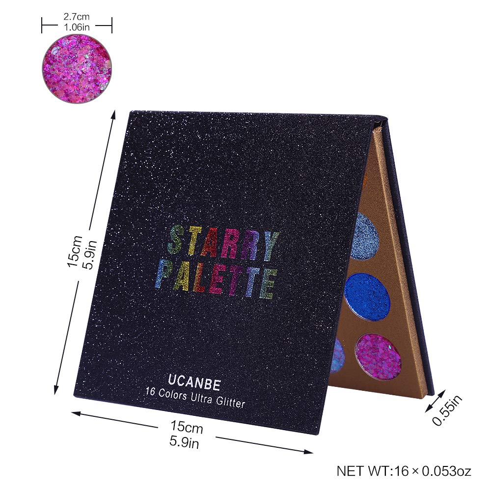  UCANBE Pro Glitter Eyeshadow Palette - Professional 16 Colors - Chunky & Fine Pressed Glitter Eye Shadow Powder Makeup Pallet Highly Pigmented Ultra Shimmer for Face Body