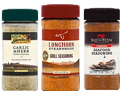 Unknown Bundle of 3 Spice Mixes: Longhorn Steakhouse Grill Seasoning, Red Lobster Signature Seafood Seasoning, Olive Garden Garlic & Herb Italian Seasoning