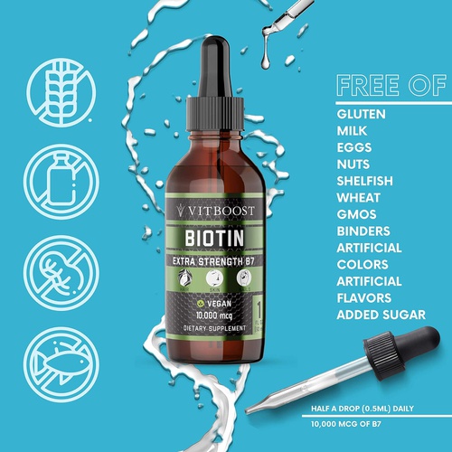  VITBOOST Extra Strength 10,000mcg Biotin Liquid Drops with Organic Berry Flavor 60 Servings Vegan Formula Supports Hair Growth, Strong Nails, Healthy Skin NO Artificial Preservatives