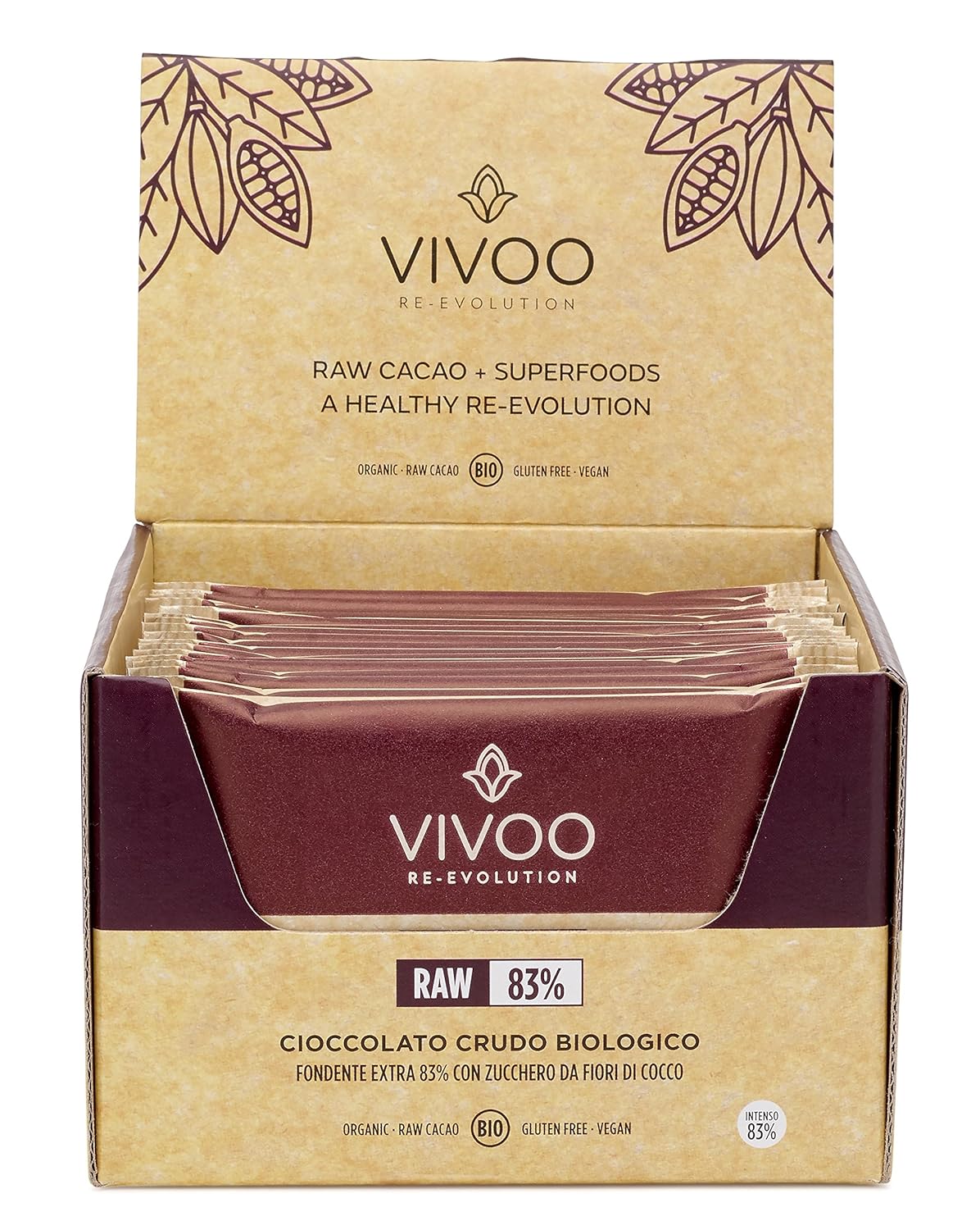  VIVOO 70% Raw Chocolate Bar With Spirulina, Cashews And Coconut Sugar. Pack of 20 X 30g
