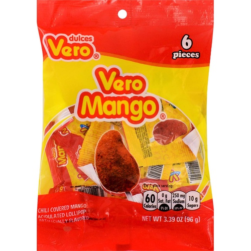  Vero Mango Lollipops - Mango and Chili Flavored Candy, 12 Bags with 6 Lollipops Each