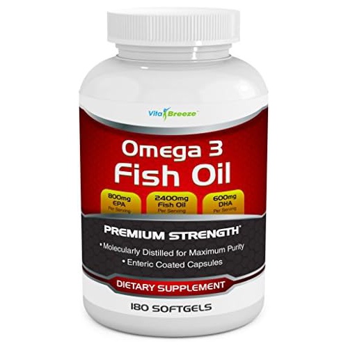  VitaBreeze Omega 3 Fish Oil Supplement (180 Softgels) - 2400mg Triple Strength Fish Oil with 800mg EPA & 600mg DHA Omega-3 Fatty Acids Per Serving - with Enteric Coating - Molecularly Distill
