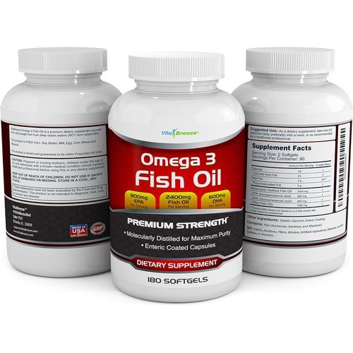  VitaBreeze Omega 3 Fish Oil Supplement (180 Softgels) - 2400mg Triple Strength Fish Oil with 800mg EPA & 600mg DHA Omega-3 Fatty Acids Per Serving - with Enteric Coating - Molecularly Distill
