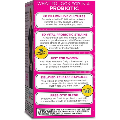  Vital Planet - Vital Flora Women’s Daily Probiotic Supplement with 60 Billion Cultures and 60 Strains, High Potency and Strain Diversity Probiotics for Women with Organic Prebiotic