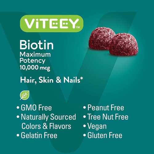  Viteey Biotin Gummies 10,000mcg - Highest Potency Vitamin B7 for Healthy Hair Growth, Skin & Nails - Dietary Supplement, Vegan, Pectin Gummy - for Adults Teens & Kids -Raspberry Flavor [6