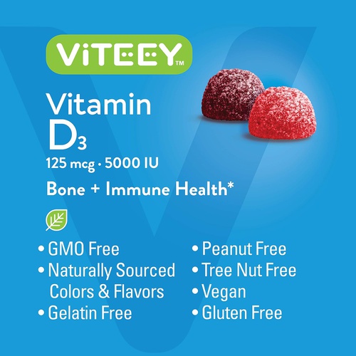  Viteey Vitamin D3 Gummies Ultra Strength 125mcg 5000 IU - Bone Health, Immune Health, Joint Muscle Support - Dietary Supplement, Pectin Chewable Gummy - for Adults Teens & Kids - Berry Fl