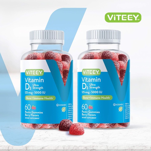  Viteey Vitamin D3 Gummies Ultra Strength 125mcg 5000 IU - Bone Health, Immune Health, Joint Muscle Support - Dietary Supplement, Pectin Chewable Gummy - for Adults Teens & Kids - Berry Fl