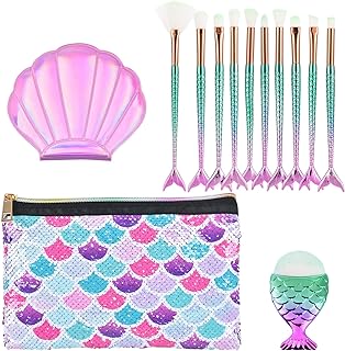 WERNNSAI Mermaid Makeup Brush Sets with Bag - 13 PCS Beauty Makeup Tools Eye Shadows Eyeliner Concealer Foundation Blending Blush Brushes Shell Compact Pocket Mirror Sequins Cosmetic Case B