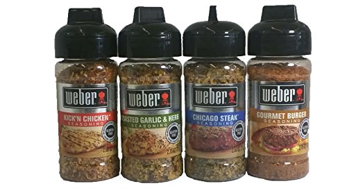 Weber Seasoning Variety 4 Flavor Pack - Kickn Chicken - Roasted Garlic & Herbs - Chicago Steak - Gourmet Burger - All Natural Shake-on Bundle