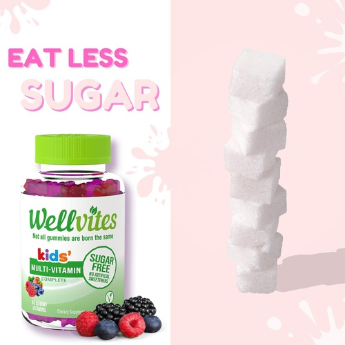  Wellvites Kids Multivitamin Gummies - Sugar Free, Vegan, Non-GMO  Vitamins for Kids - Vitamin A, D, B6, B12 and C - No Artificial Sweeteners, Gluten Free, Gelatin Free - 60 Count