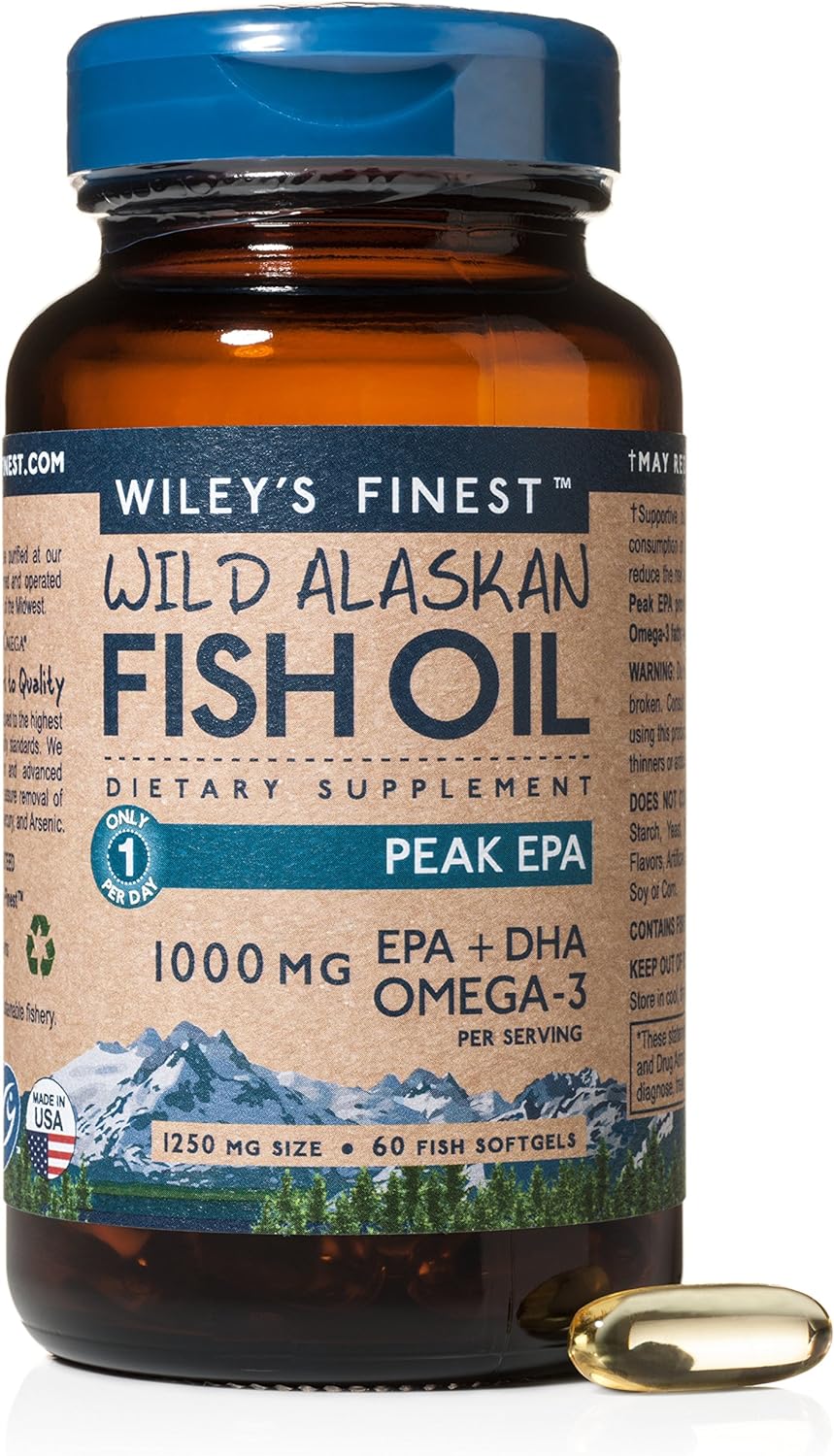 Wileys Finest Wild Alaskan Fish Oil Peak EPA - Triple Strength Peak EPA and DHA - 1000mg Omega-3s, SQF-Certified - 60 Softgels (60 Servings)