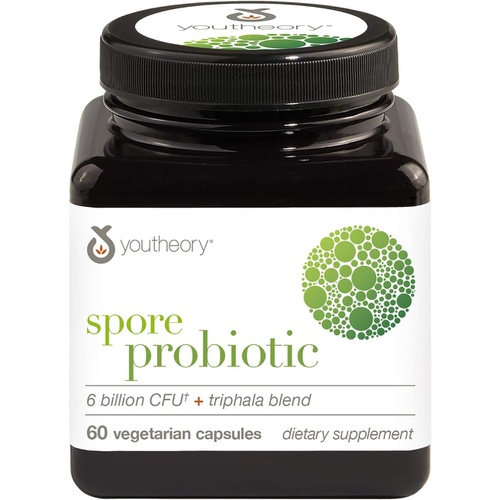  Youtheory Spore Probiotic for Digestive Health, Gluten Free, Dairy Free, Soy Free Probiotics for Women and Men, No Refrigeration Required, 60 Capsules
