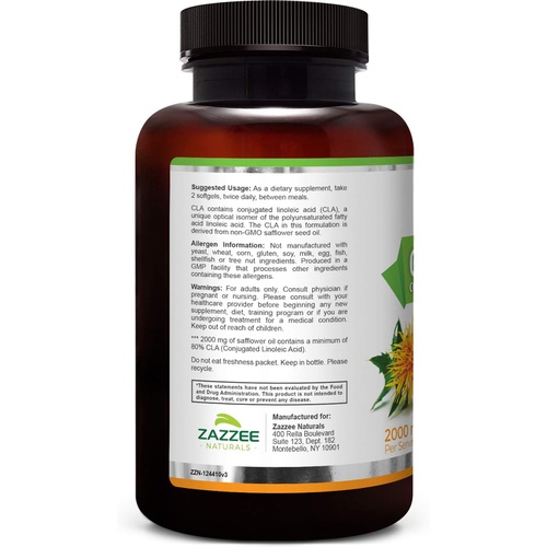  Zazzee CLA, 2000 mg, 180 Softgels, High-Potency Conjugated Linoleic Acid, High Dosage for Weight Management