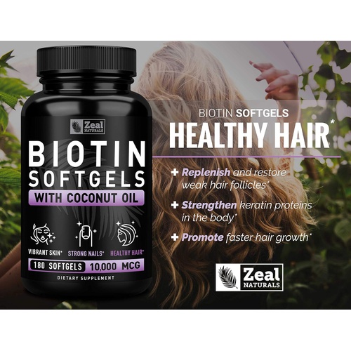  Zeal Naturals Biotin with Coconut Oil for Hair 10000mcg (180 Softgels) Biotin Supplement - Biotin Pills for Hair Skin and Nails Vitamins for Women Biotin Capsules for Men Hair Growth 6 mo Supply