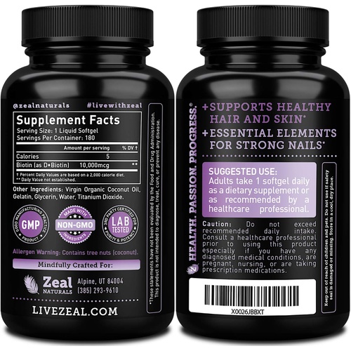  Zeal Naturals Biotin with Coconut Oil for Hair 10000mcg (180 Softgels) Biotin Supplement - Biotin Pills for Hair Skin and Nails Vitamins for Women Biotin Capsules for Men Hair Growth 6 mo Supply