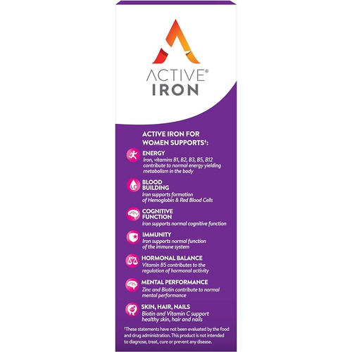  A ACTIVE Active Iron for Women, Non-Constipating, 30 Active Iron High Potency Capsules with 30 Multivitamin Tablets, Helps Strengthen Your Immune System