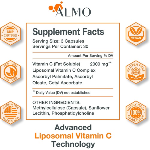  ALMO Premium Liposomal Vitamin C 2000mg, 300 Capsules Immune Support & Collagen Booster High Absorption Ascorbic Acid, High Dose Vitamin c Liposomal VIT C , Zero Soy , 100% NonGMO