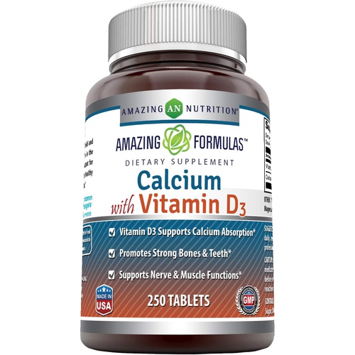  Amazing Nutrition Amazing Formulas Calcium with Vitamin D3 Supplement - Supports Calcium Absorption* -Promotes Strong Bones & Teeth* -Supports Nerve & Muscle Functions* (Tablets, 250 Count)