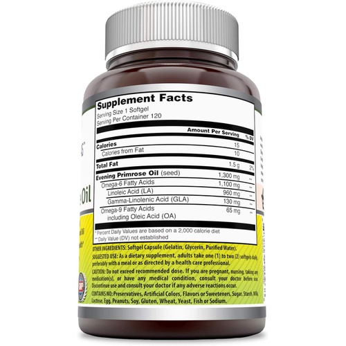  Amazing Nutrition Amazing Formulas Evening Primrose Oil 1300 Mg, 10% GLA, 120 Softgels - Hexane Free Cold Pressed Oil -Supports Cardiovascular Function and Womens Health (120 Count)