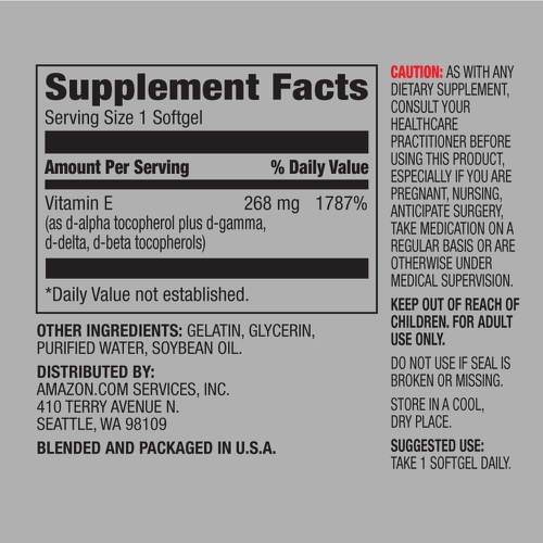  Amazon Elements Vitamin E, 400 IU, 100 Softgels, more than a 3 month supply (Packaging may vary)
