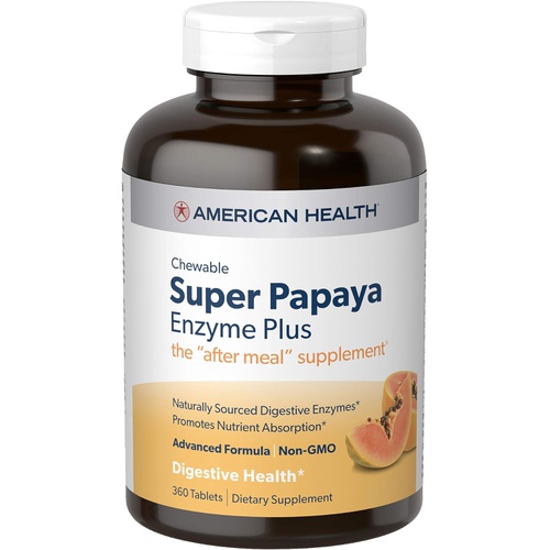  American Health Super Papaya Plus Digestive Enzyme Chewable Tablets, Natural Papaya Flavor - Helps with Digestion & Nutrient Absorption, Contains Papain & Other Enzymes - 360 Count