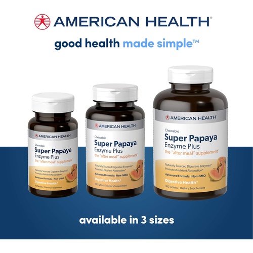  American Health Super Papaya Plus Digestive Enzyme Chewable Tablets, Natural Papaya Flavor - Helps with Digestion & Nutrient Absorption, Contains Papain & Other Enzymes - 360 Count