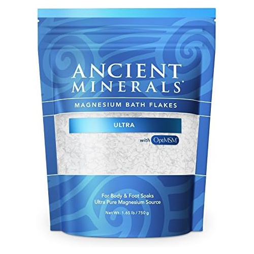  Ancient Minerals Magnesium Bath Flakes Ultra with OptiMSM - Resealable Magnesium Supplement Bag of Zechstein Chloride with Proven Better Absorption Than Epsom Bath Salt (1.65 lb)