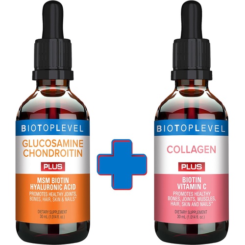  BIOTOPLEVEL Best Combination (Bundle) for The Good Health of Joints, Bones, Muscles, Hair, Skin and Nails - Glucosamine, Chondroitin, Collagen, Biotin, Hyaluronic Acid, MSM and Vit